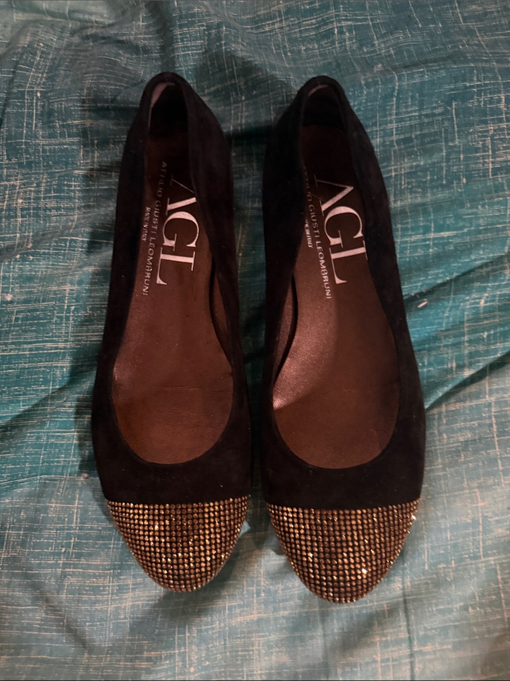 AGL Black Suede Flats with Gold Studded Cap Toe